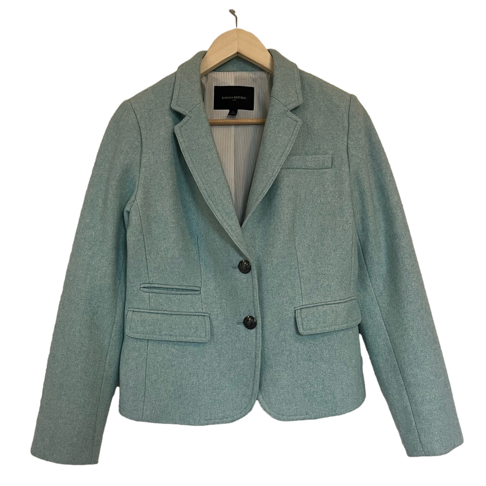 Light Blue Teal Wool Blend Blazer Jacket Crop Officewear Pastel Banana Republic